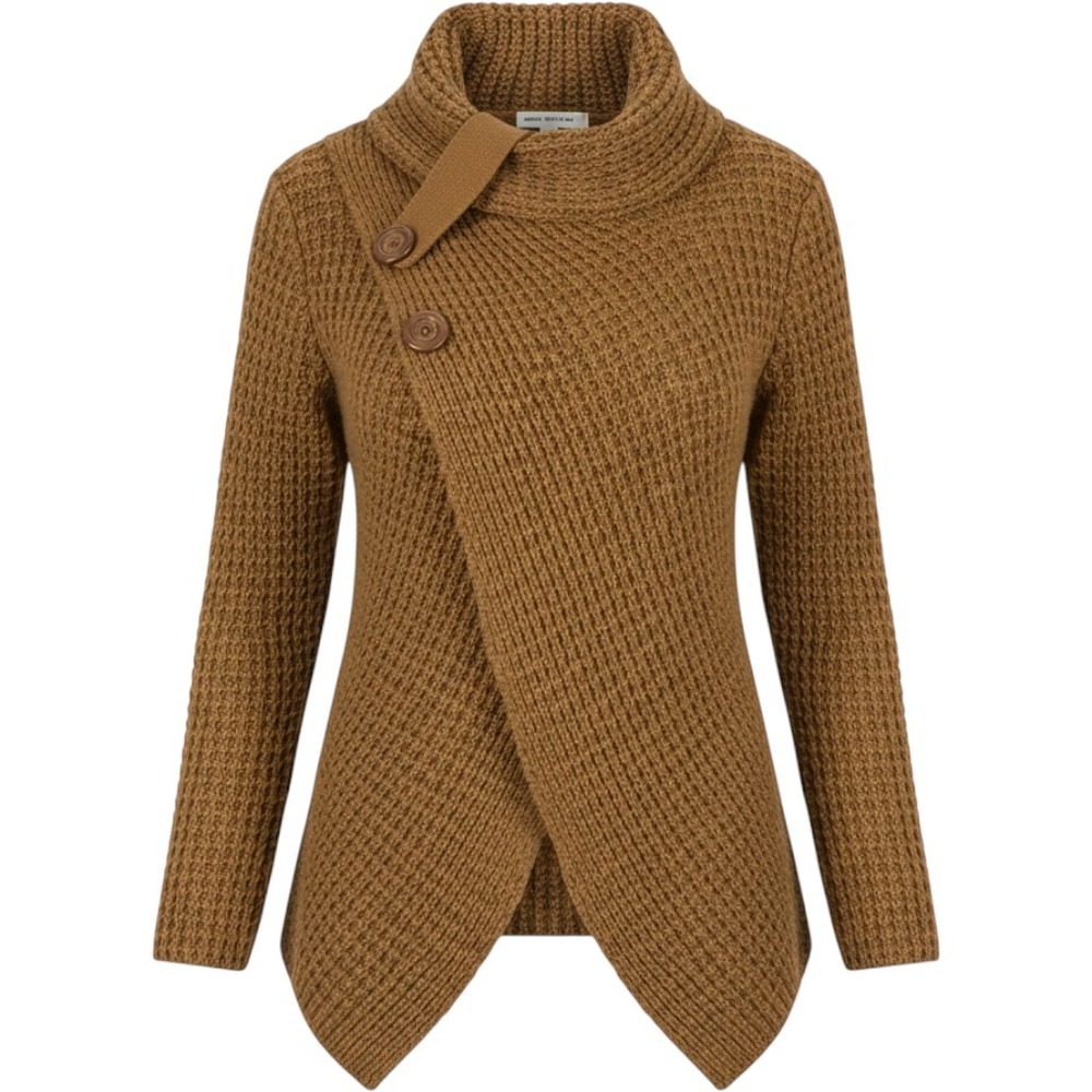 Zenana Outfitters Asymmetric Wrap Cowl Neck Waffle Knit Sweater Camel Womens M